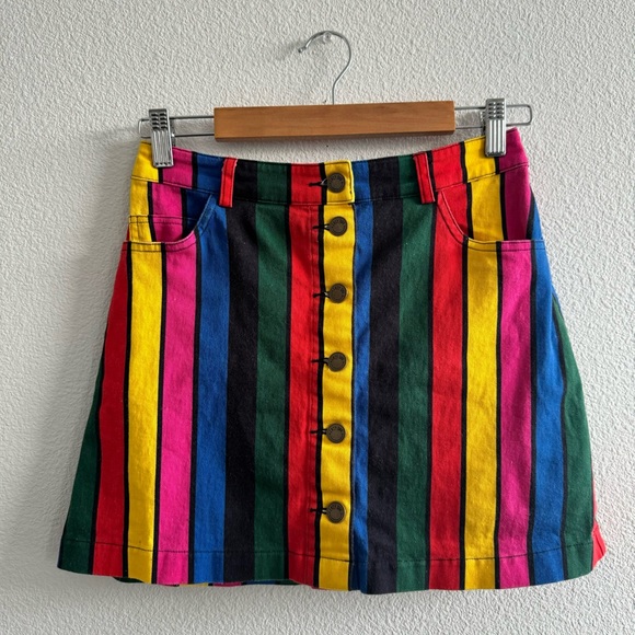 Lazy Oaf Stripy Button Skirt Rainbow Mini Button Front Colorful Stripes Multi - Picture 2 of 8